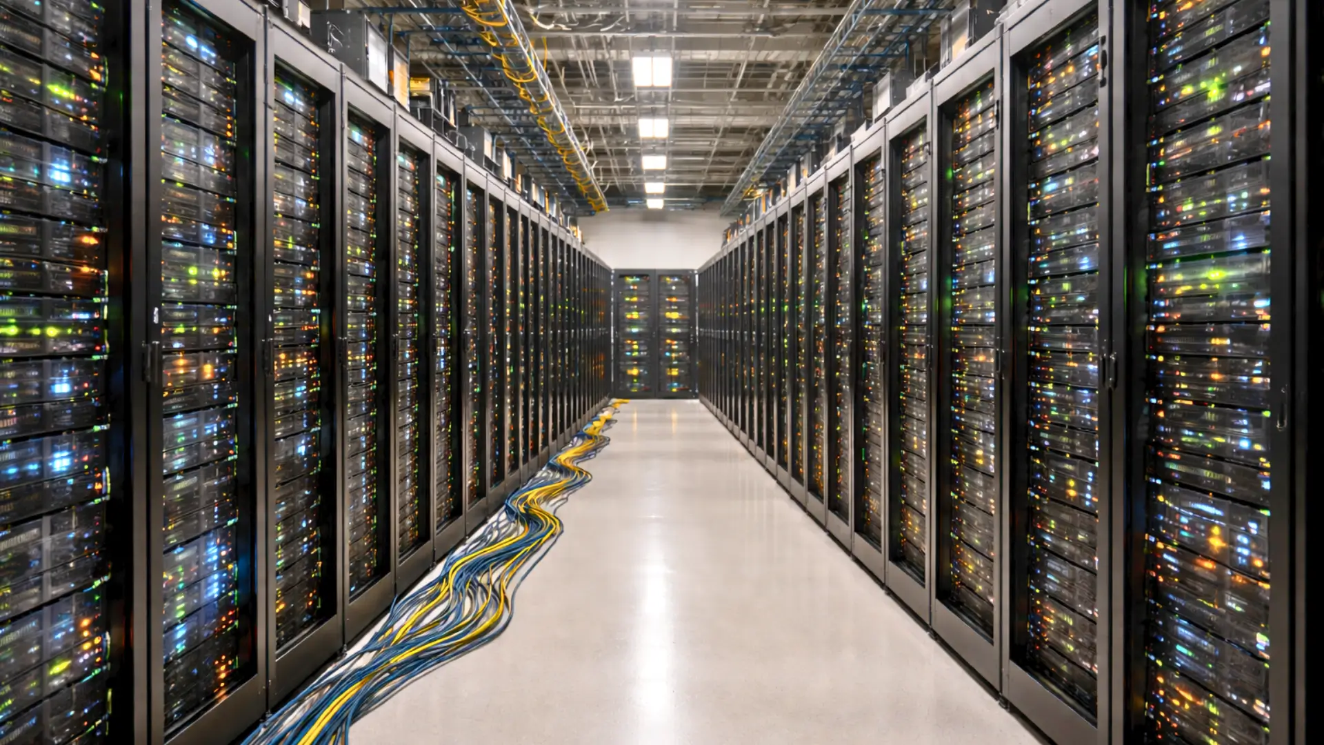 Allée de serveurs dans un data center moderne, illustrant la consommation énergétique élevée des infrastructures dédiées à l’intelligence artificielle.