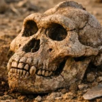 Crâne fossile de Paranthropus boisei partiellement dégagé lors de fouilles archéologiques en Afrique