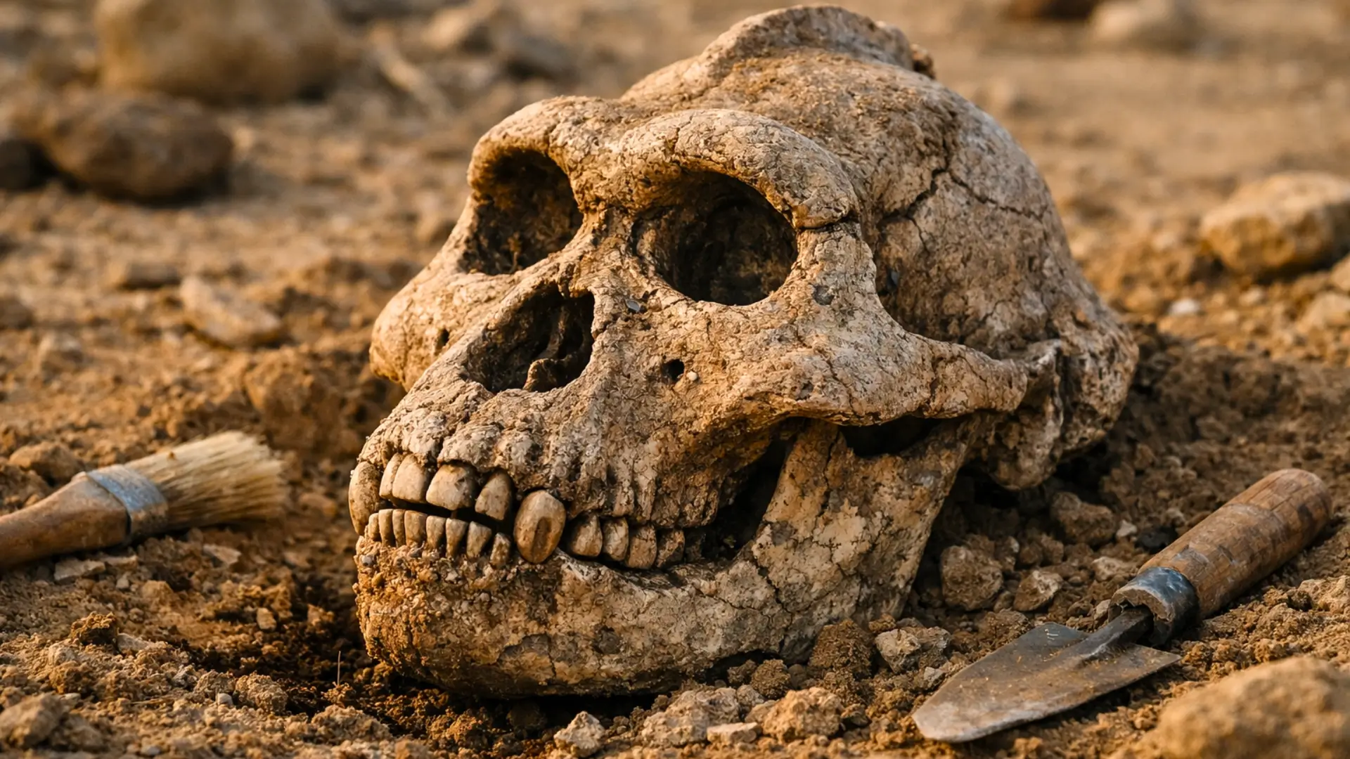 Crâne fossile de Paranthropus boisei partiellement dégagé lors de fouilles archéologiques en Afrique