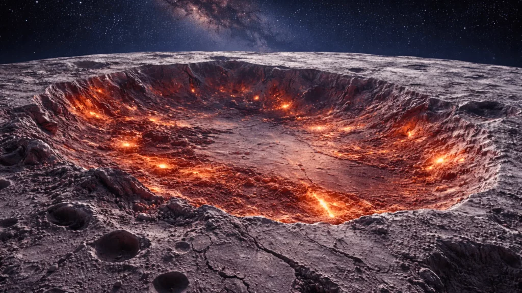 Un immense cratère brûlé sur la face cachée de la Lune, avec des traces rougeoyantes de chaleur ancienne, sous un ciel étoilé.