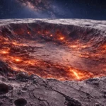 Un immense cratère brûlé sur la face cachée de la Lune, avec des traces rougeoyantes de chaleur ancienne, sous un ciel étoilé.
