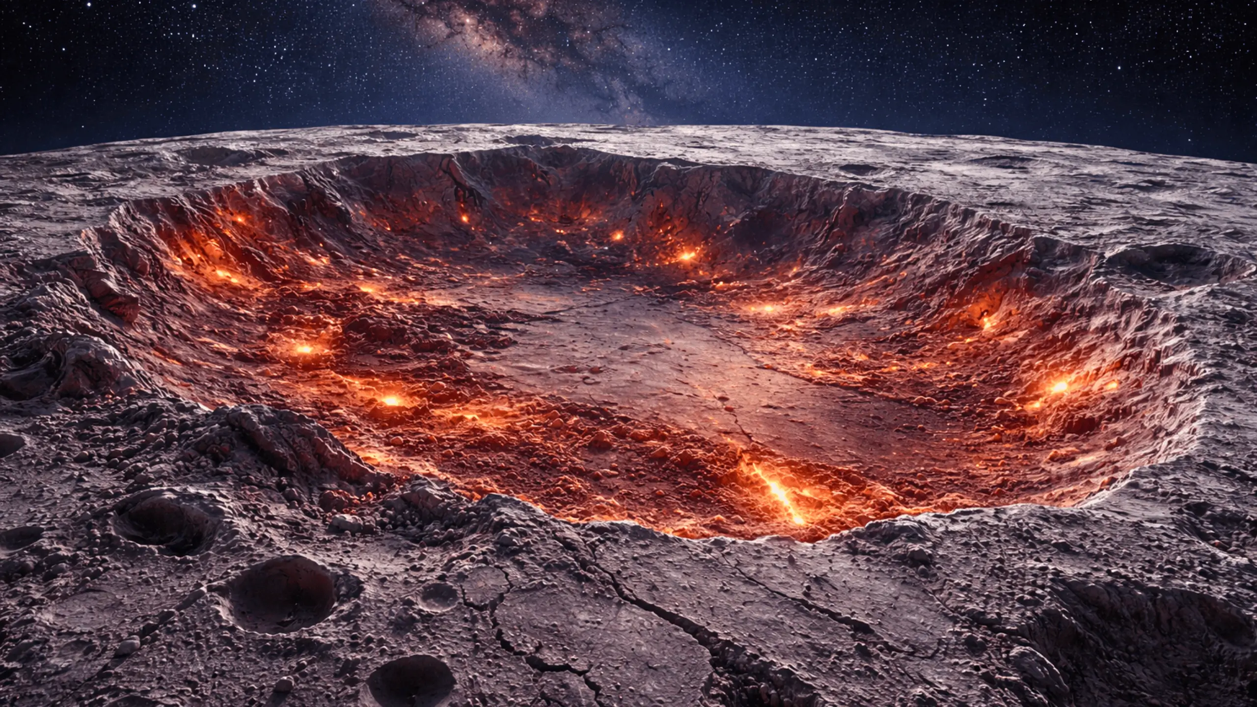 Un immense cratère brûlé sur la face cachée de la Lune, avec des traces rougeoyantes de chaleur ancienne, sous un ciel étoilé.