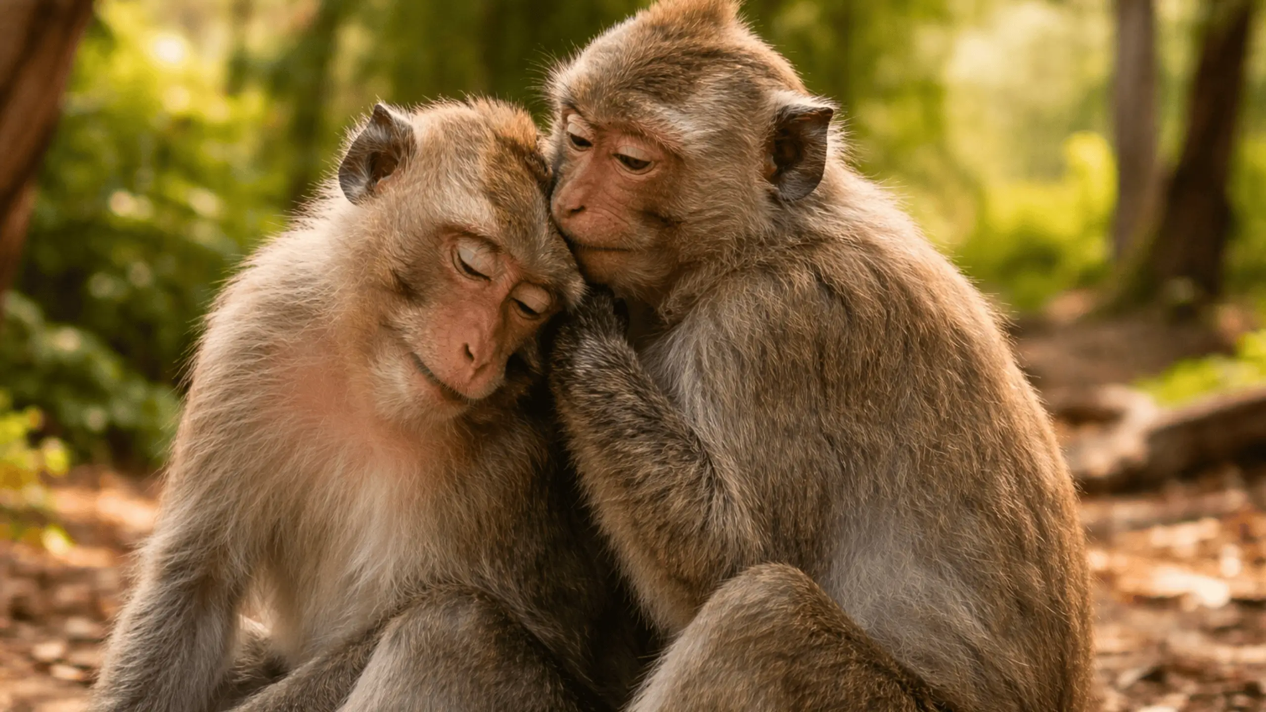 Deux macaques adultes se câlinent tendrement en pleine forêt, yeux fermés, dans un moment de calme et de complicité.