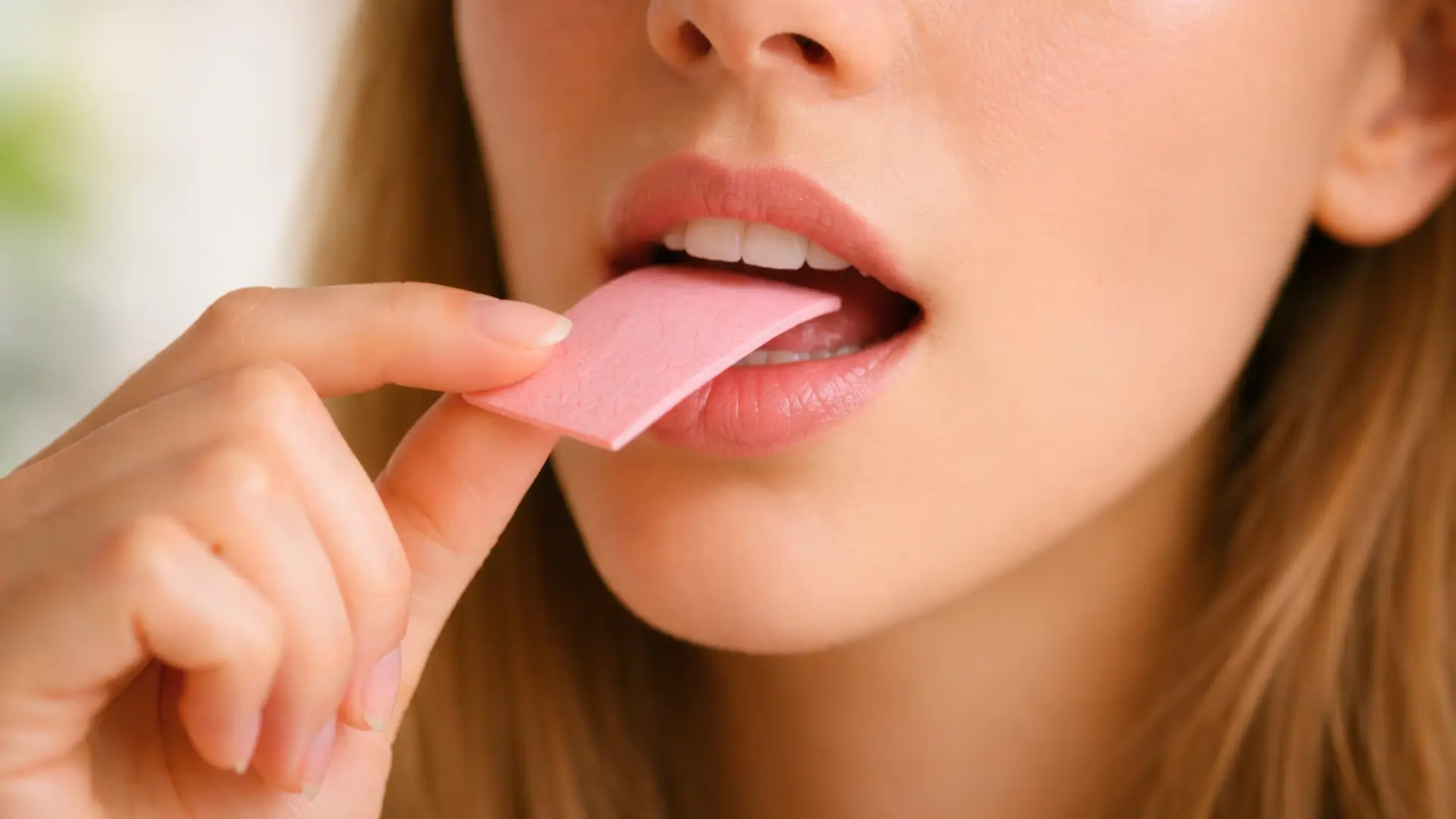 Femme portant un chewing-gum rose à la bouche, illustrant la mastication et ses effets potentiels sur la concentration et le cerveau.