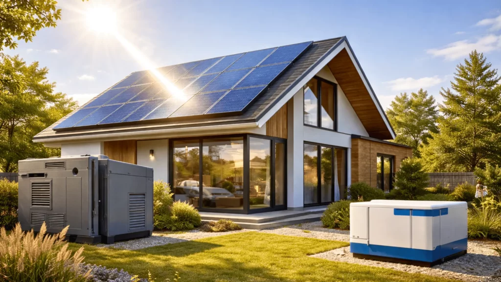 Une maison moderne équipée de panneaux solaires de nouvelle génération, baignée de soleil, avec deux unités de stockage d’énergie visibles dans le jardin.