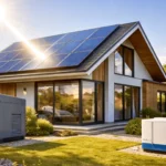 Une maison moderne équipée de panneaux solaires de nouvelle génération, baignée de soleil, avec deux unités de stockage d’énergie visibles dans le jardin.