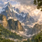 Reconstitution hyperréaliste du Massif armoricain il y a 300 millions d’années, avec montagnes géantes, jungle tropicale et falaises plongées dans la brume.