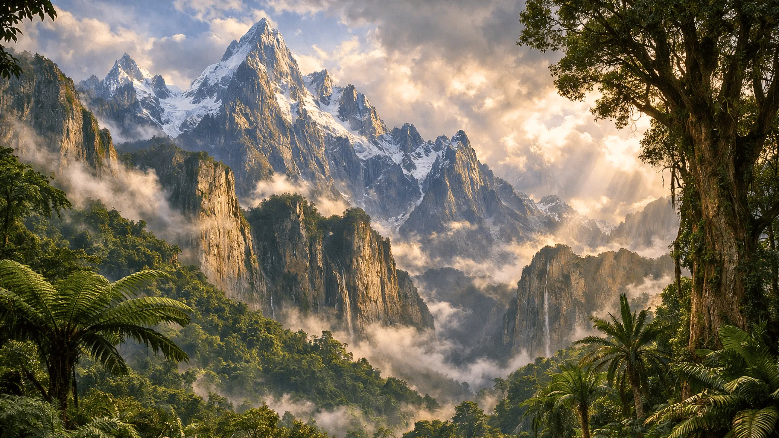 Reconstitution hyperréaliste du Massif armoricain il y a 300 millions d’années, avec montagnes géantes, jungle tropicale et falaises plongées dans la brume.