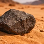 Une météorite noire repose sur le sable rougeâtre du désert marocain, sous une lumière chaude et naturelle.