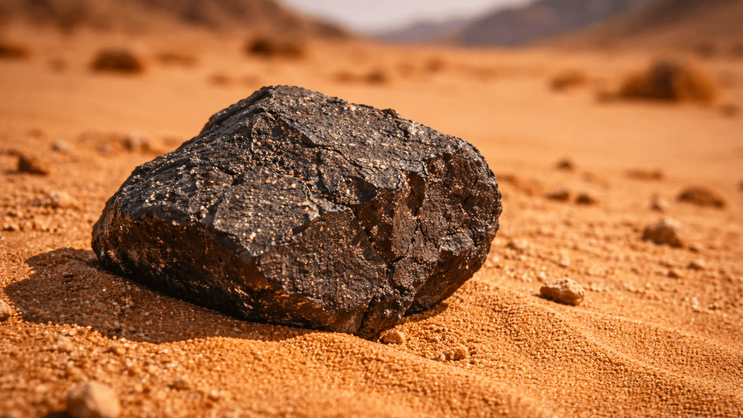 Une météorite noire repose sur le sable rougeâtre du désert marocain, sous une lumière chaude et naturelle.