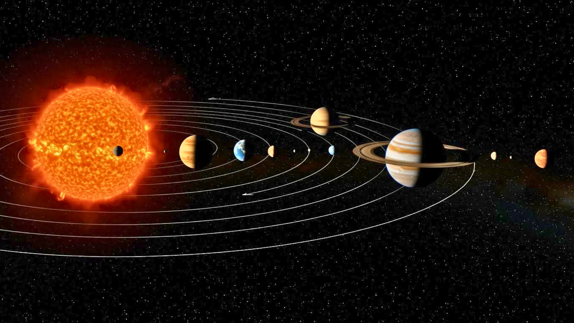 Illustration réaliste du système solaire avec le Soleil, les planètes et leurs orbites visibles dans l’espace