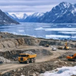 Mine à ciel ouvert au Groenland avec engins industriels, roches exposées et fjord partiellement gelé en arrière-plan sous un ciel arctique.
