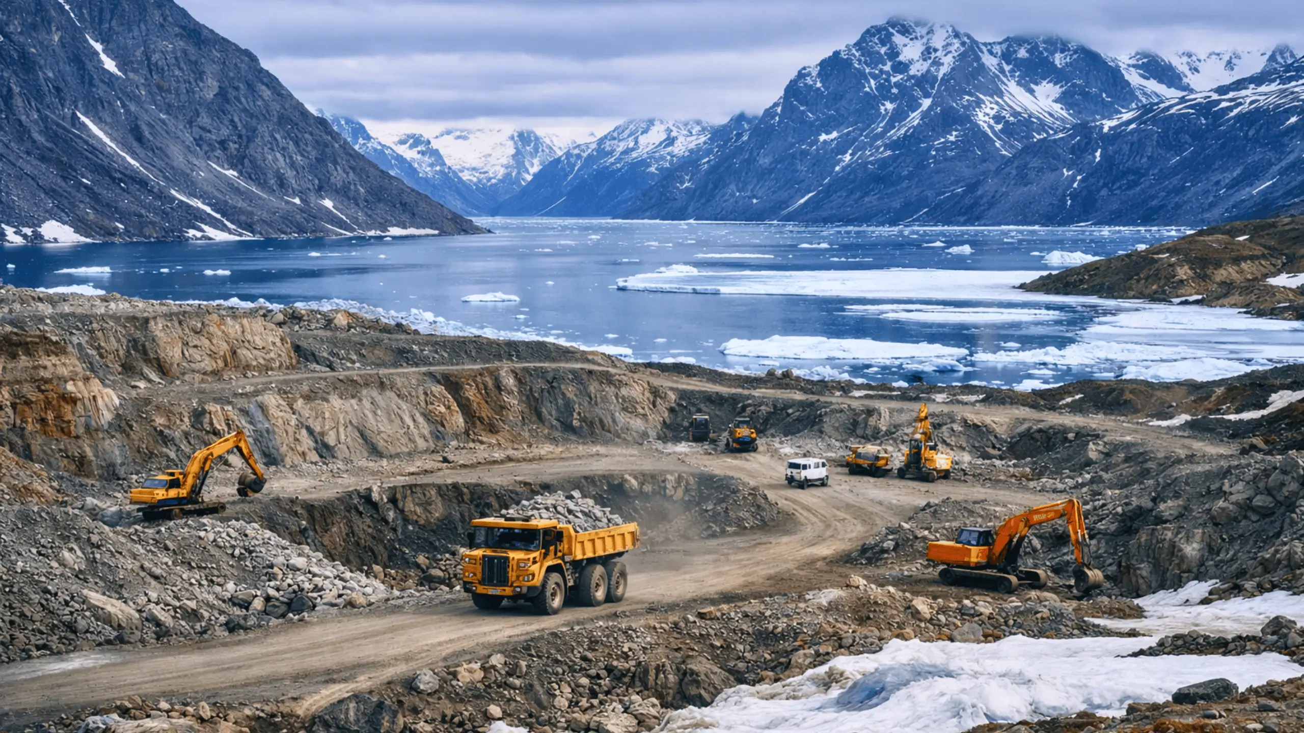 Mine à ciel ouvert au Groenland avec engins industriels, roches exposées et fjord partiellement gelé en arrière-plan sous un ciel arctique.