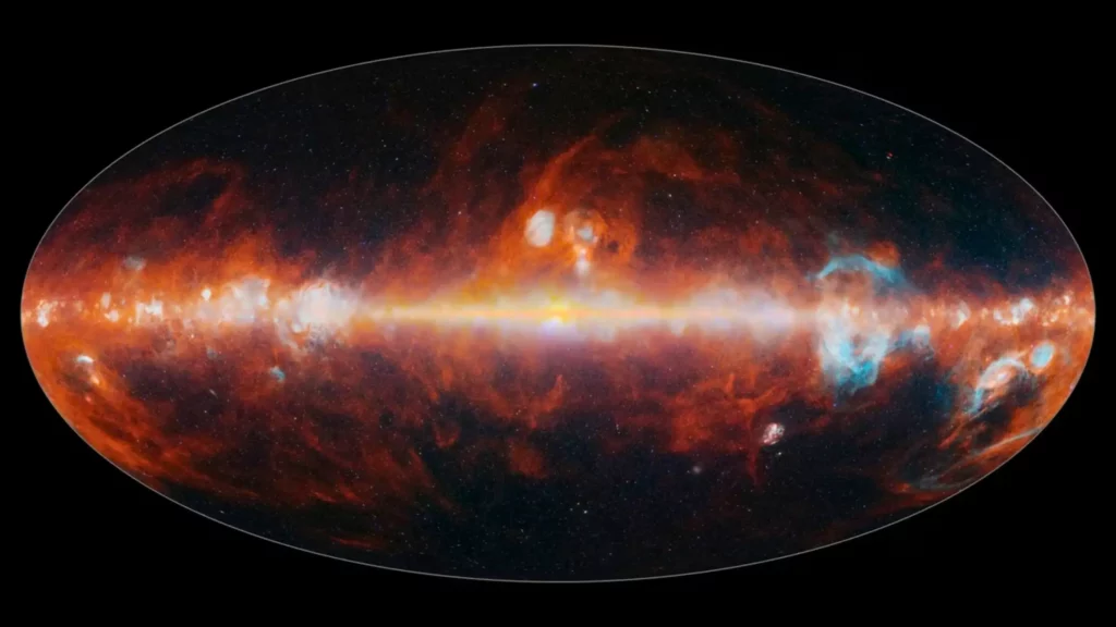 Vue spectaculaire d’un paysage extraterrestre désertique capturé par une sonde spatiale, sous une lumière bleutée et orangée.