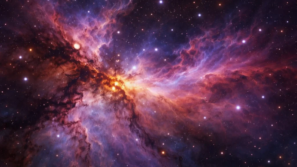 La nébuleuse d’Orion capturée en haute définition, avec ses nuages de gaz colorés et ses étoiles en formation.