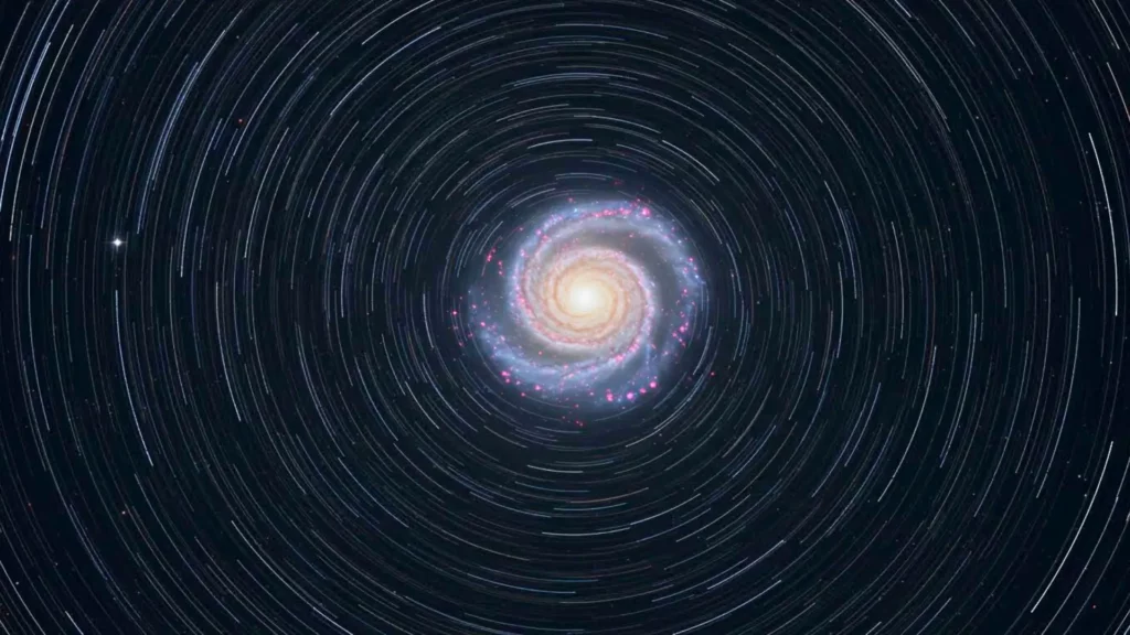 Illustration d’une galaxie spirale entourée de trajectoires stellaires, symbolisant une nouvelle approche de la gravité sans matière noire.