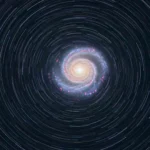 Illustration d’une galaxie spirale entourée de trajectoires stellaires, symbolisant une nouvelle approche de la gravité sans matière noire.