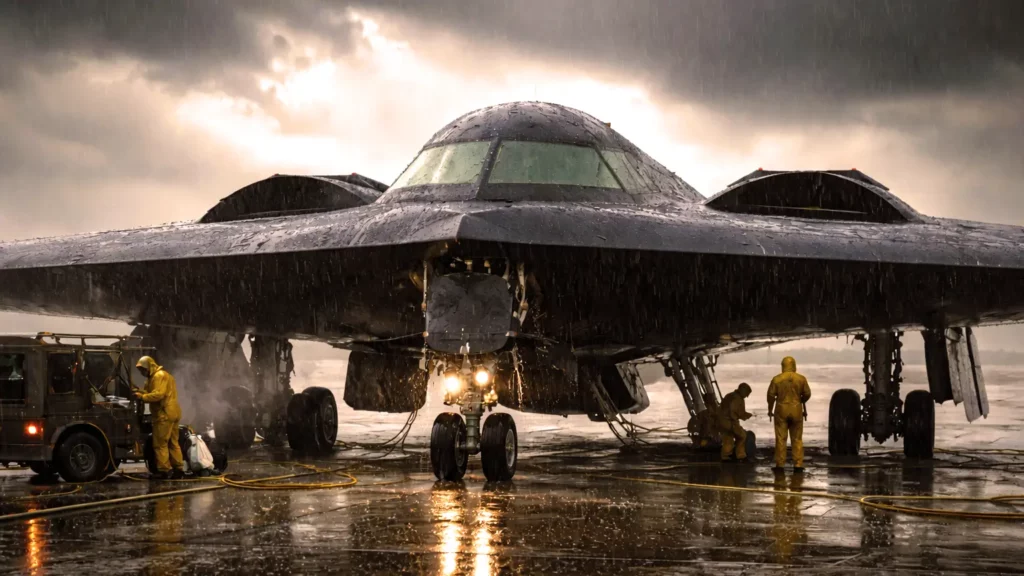 Gros plan sur le revêtement noir mat d'une aile de bombardier furtif couverte de gouttes de pluie par temps gris.