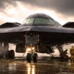 Gros plan sur le revêtement noir mat d'une aile de bombardier furtif couverte de gouttes de pluie par temps gris.