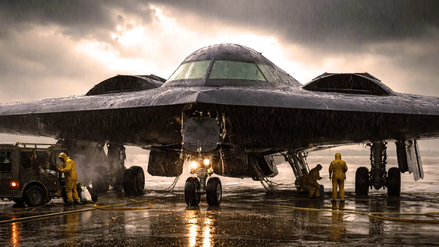 Gros plan sur le revêtement noir mat d'une aile de bombardier furtif couverte de gouttes de pluie par temps gris.