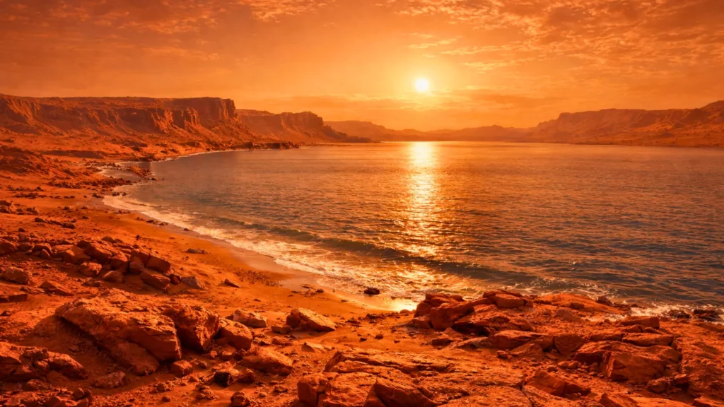 Une vaste mer fossile sur Mars au coucher du soleil, bordée de rochers rouges et de falaises abruptes sous un ciel orangé.