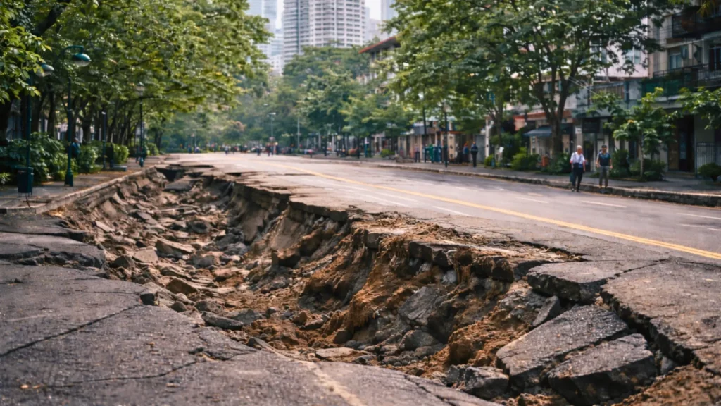 Route urbaine effondrée montrant une profonde fissure dans la chaussée, illustrant la subsidence du sol en ville