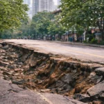 Route urbaine effondrée montrant une profonde fissure dans la chaussée, illustrant la subsidence du sol en ville