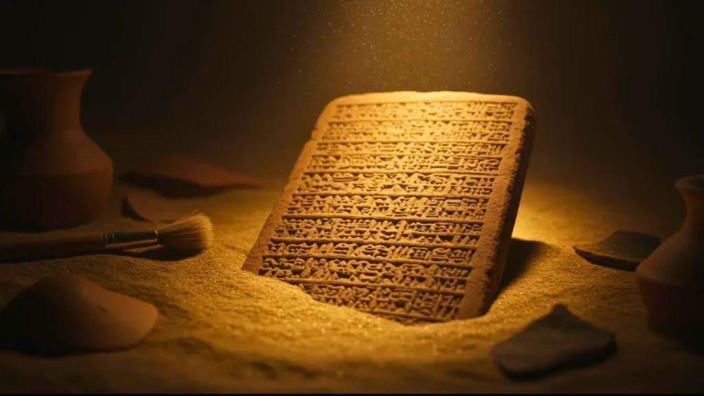 Tablette d’argile sumérienne gravée en écriture cunéiforme, partiellement enfouie dans le sable et éclairée par une lumière dorée, vestige archéologique de la Mésopotamie antique.