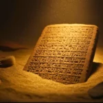 Tablette d’argile sumérienne gravée en écriture cunéiforme, partiellement enfouie dans le sable et éclairée par une lumière dorée, vestige archéologique de la Mésopotamie antique.