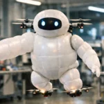 Robot humanoïde gonflable chinois GrowHR flottant dans un laboratoire de robotique