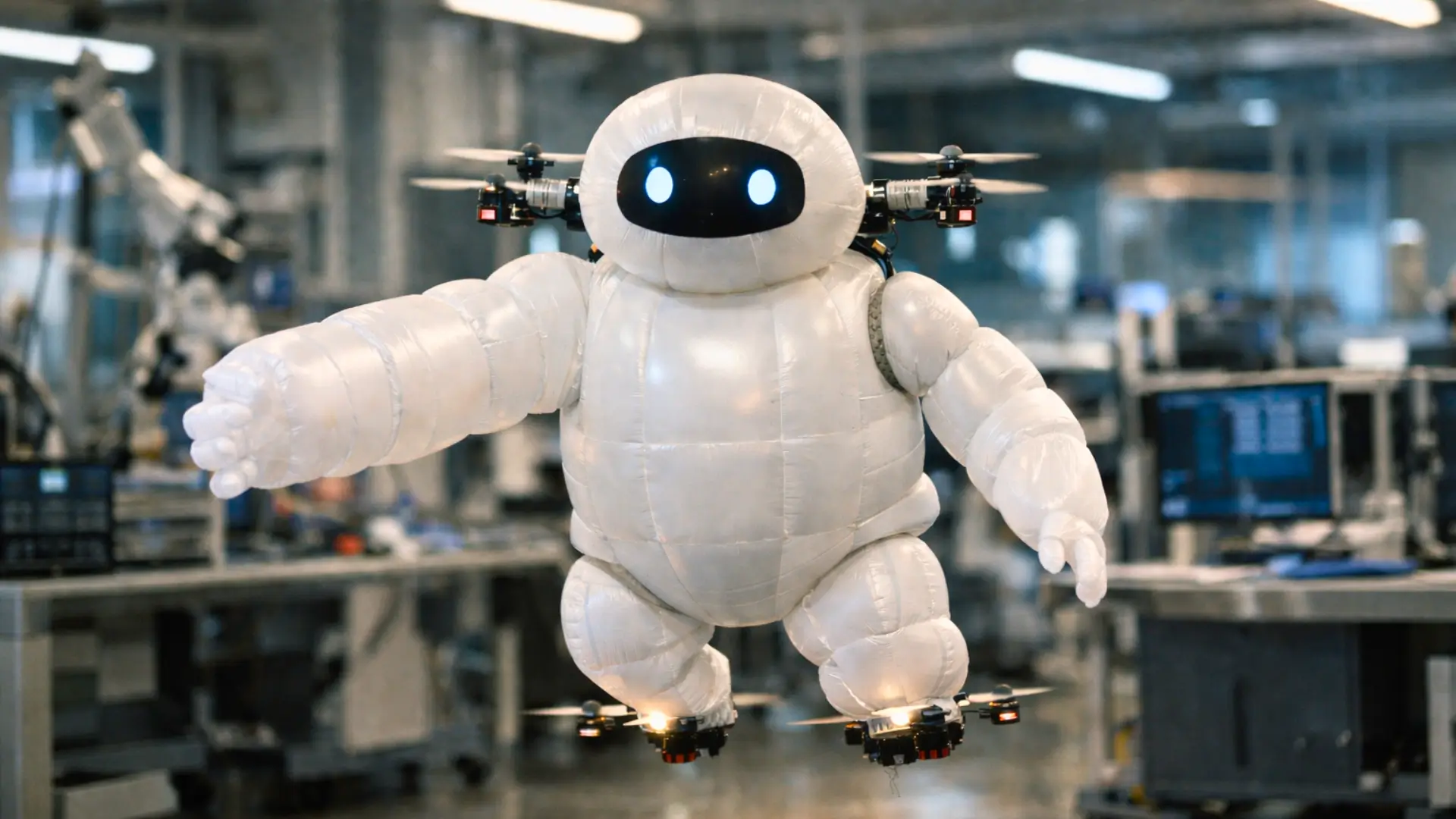 Robot humanoïde gonflable chinois GrowHR flottant dans un laboratoire de robotique