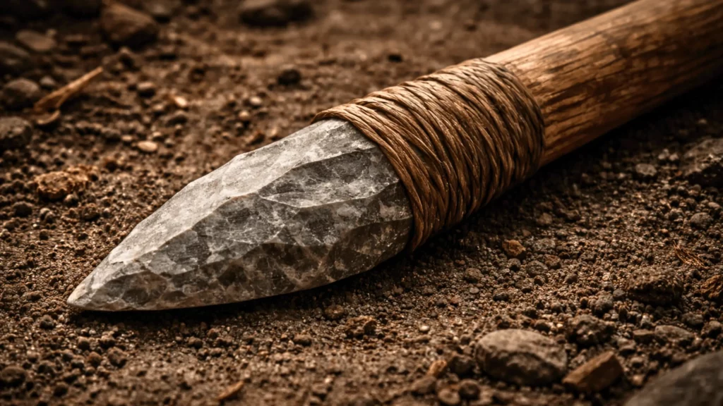 Outil préhistorique en pierre taillée fixé à un manche en bois par des ligatures, reposant sur un sol terreux.