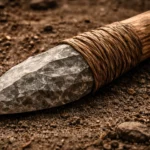 Outil préhistorique en pierre taillée fixé à un manche en bois par des ligatures, reposant sur un sol terreux.