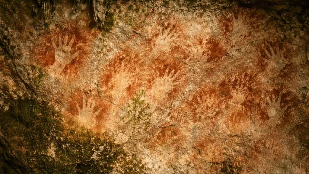Des empreintes de mains préhistoriques au pochoir sur une paroi rocheuse dans une grotte de Sulawesi, en Indonésie.