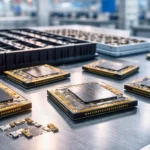 Puces mémoire haute performance destinées à l’intelligence artificielle disposées sur une ligne de production industrielle