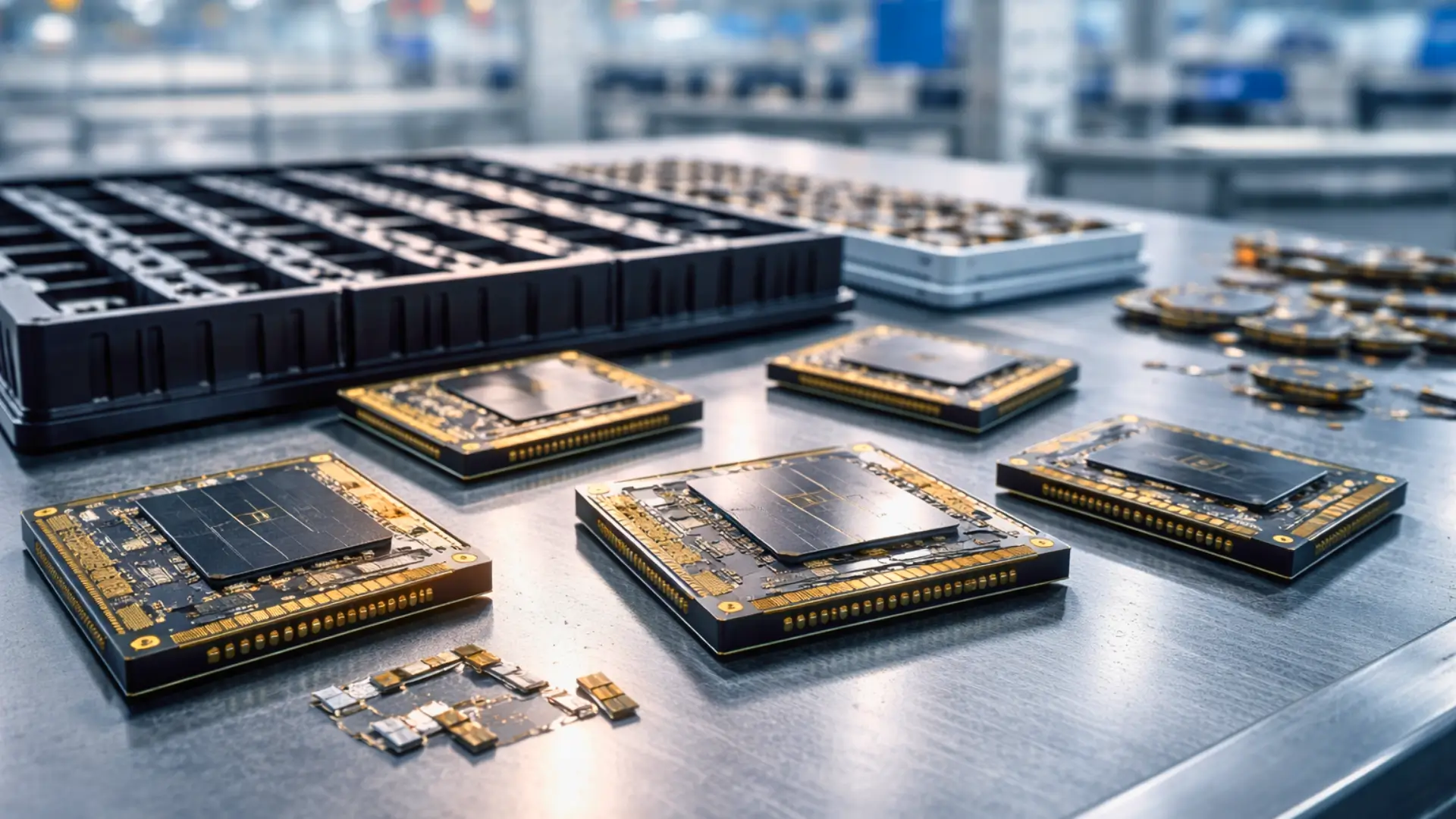 Puces mémoire haute performance destinées à l’intelligence artificielle disposées sur une ligne de production industrielle