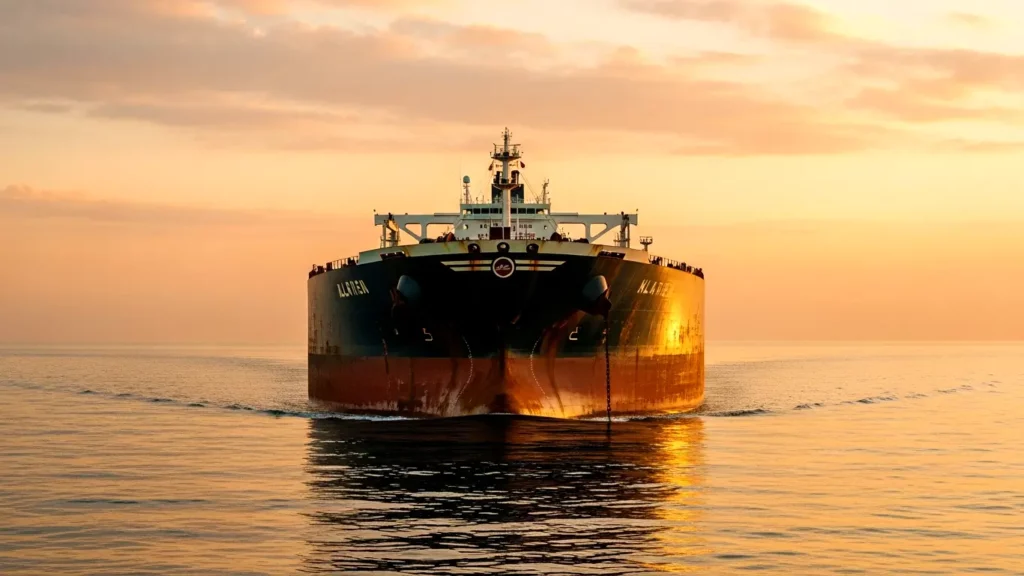 Pétrolier vu de face en pleine mer sous un ciel orangé.