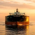 Pétrolier vu de face en pleine mer sous un ciel orangé.