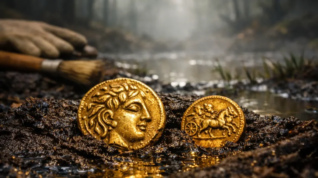 Deux pièces d’or celtiques anciennes, partiellement enfouies dans la tourbe humide d’un marécage, avec en arrière-plan une forêt brumeuse et des outils d’archéologue.