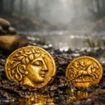 Deux pièces d’or celtiques anciennes, partiellement enfouies dans la tourbe humide d’un marécage, avec en arrière-plan une forêt brumeuse et des outils d’archéologue.