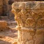 Gros plan d'un pilier en pierre antique d'une église du VIe siècle au Kurdistan irakien sous une lumière naturelle.