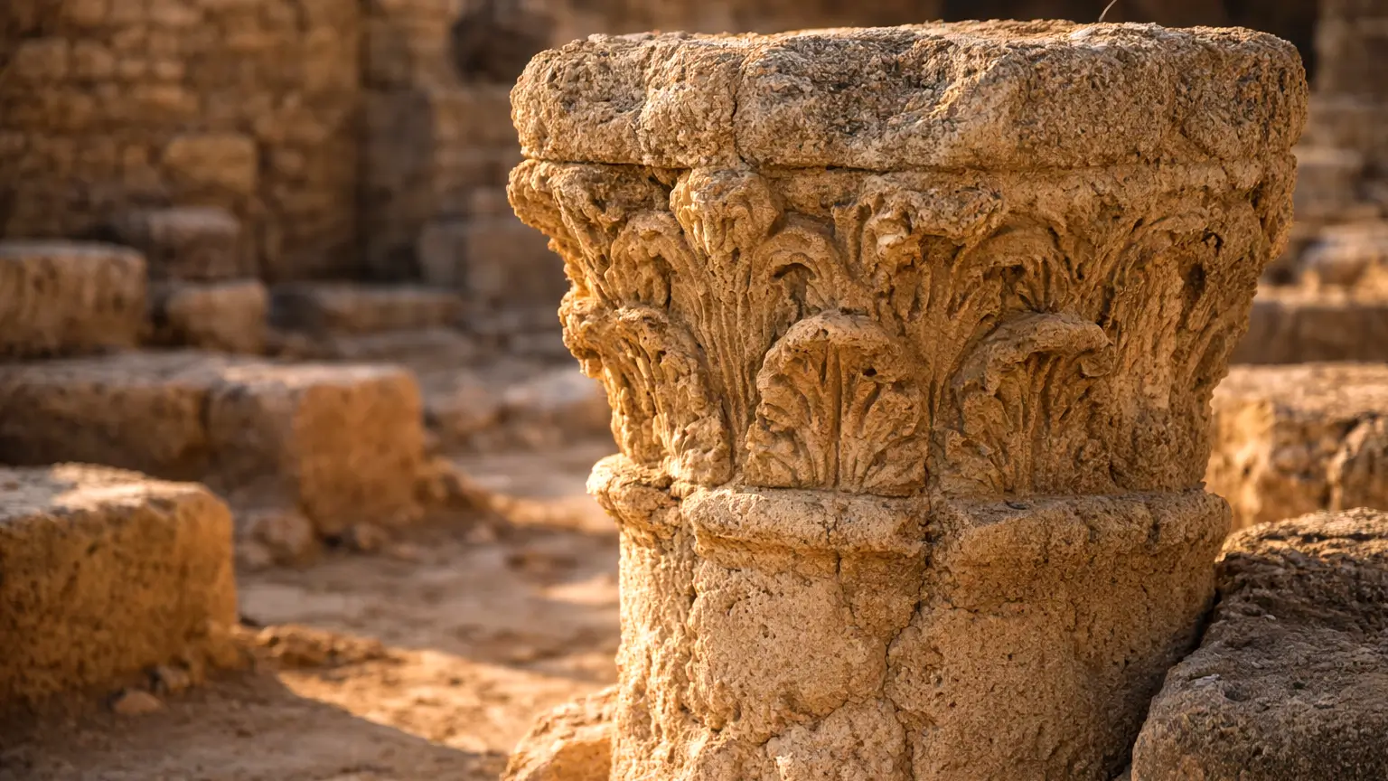 Gros plan d'un pilier en pierre antique d'une église du VIe siècle au Kurdistan irakien sous une lumière naturelle.