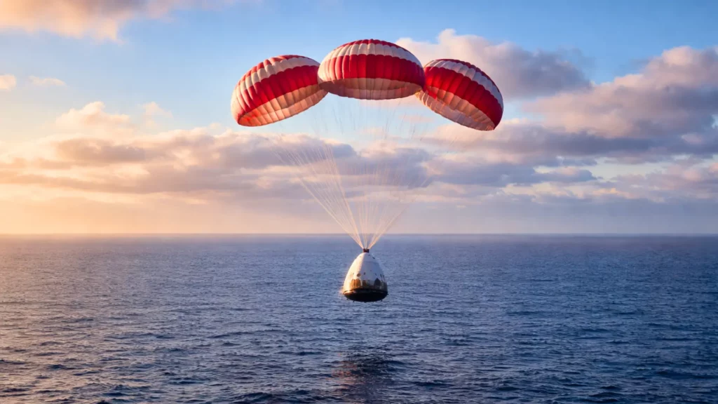 Capsule spatiale Crew Dragon descendant sous parachutes au-dessus de l’océan lors d’un retour anticipé depuis l’ISS.