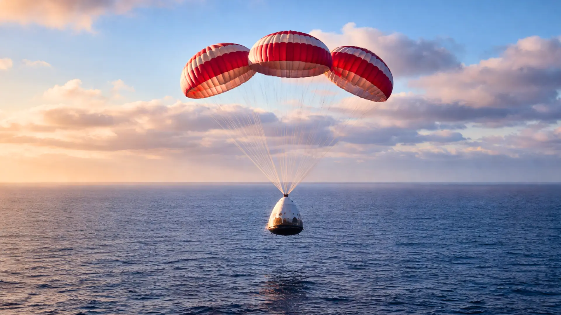 Capsule spatiale Crew Dragon descendant sous parachutes au-dessus de l’océan lors d’un retour anticipé depuis l’ISS.