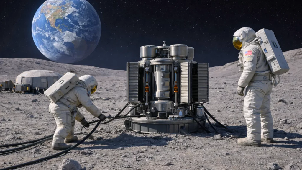 Deux astronautes en combinaison NASA installent un réacteur nucléaire compact sur la surface poussiéreuse de la Lune, avec la Terre visible à l’arrière-plan.