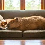 Capybara et chien endormis côte à côte sur un canapé dans un intérieur chaleureux