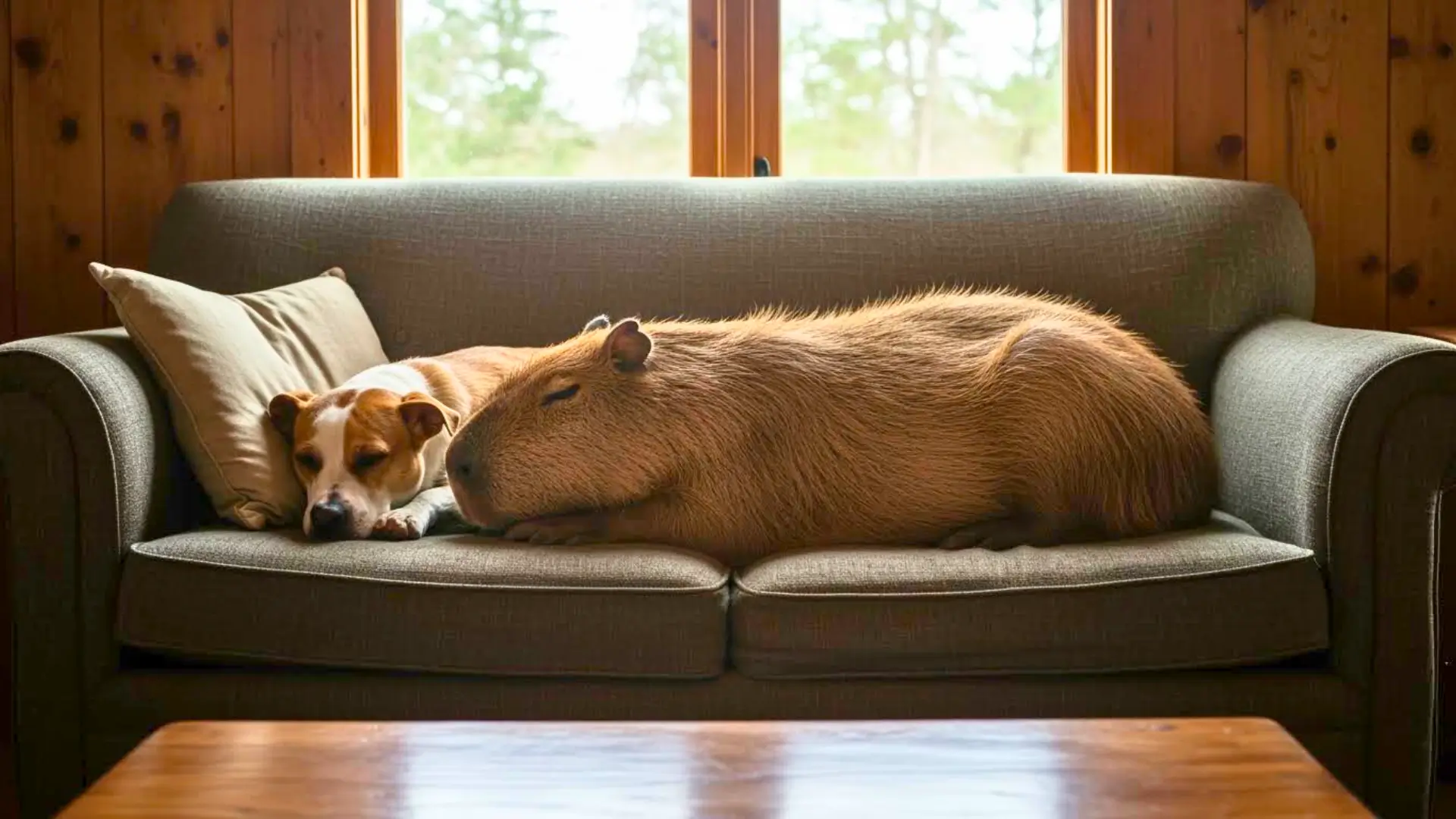 Capybara et chien endormis côte à côte sur un canapé dans un intérieur chaleureux