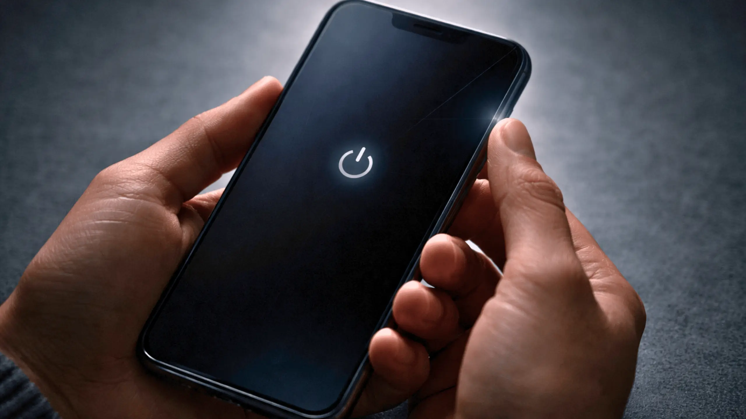 Une main tient un smartphone en train de redémarrer, écran sombre avec l’icône d’alimentation au centre.