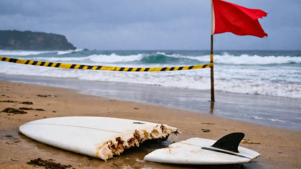 Une planche de surf mordue et ensanglantée échouée sur une plage australienne déserte, avec un drapeau rouge et des rubans de danger signalant la fermeture de la plage.