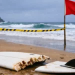 Une planche de surf mordue et ensanglantée échouée sur une plage australienne déserte, avec un drapeau rouge et des rubans de danger signalant la fermeture de la plage.